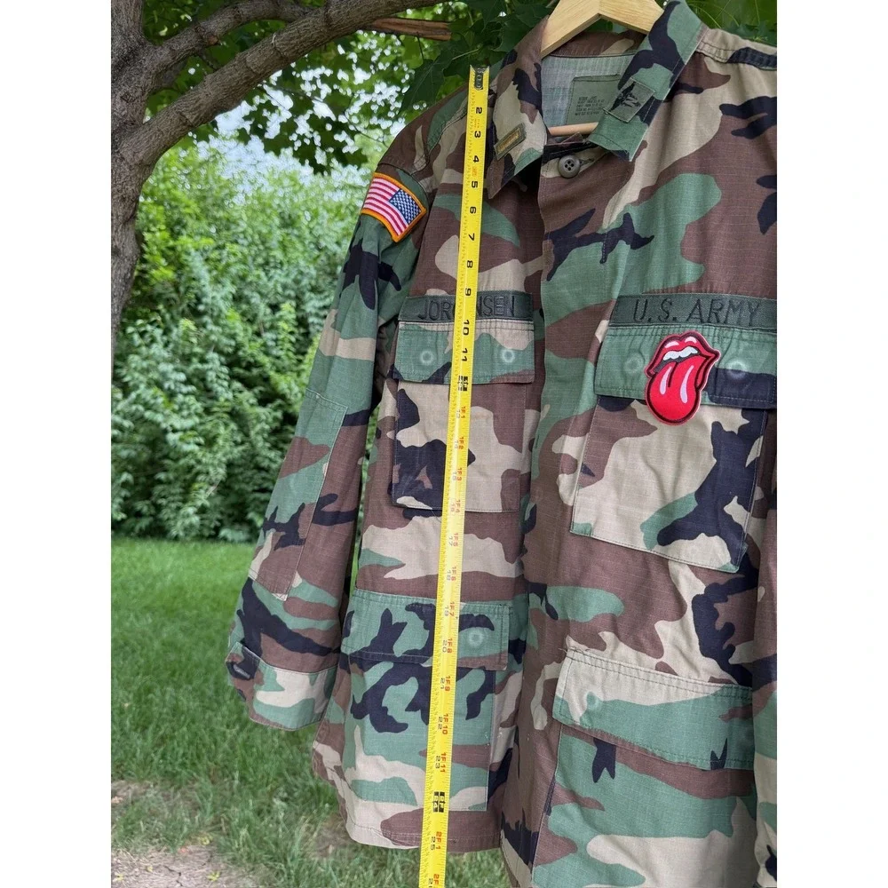 US Army BDU Jacket Woodland Camo Medium Short Rolling Stones Patch Jorgensen